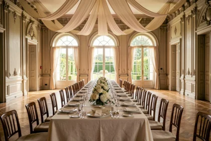 Salle de réception de mariage élégante dans le Nord de la France avec tables dressées et décoration florale raffinée