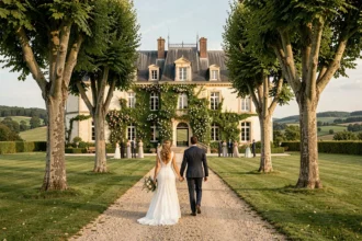 Vue grand angle d'un château de mariage en Auvergne-Rhône-Alpes avec couple de mariés marchant vers l'entrée le long d'une allée arborée