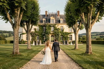 Vue grand angle d'un château de mariage en Auvergne-Rhône-Alpes avec couple de mariés marchant vers l'entrée le long d'une allée arborée