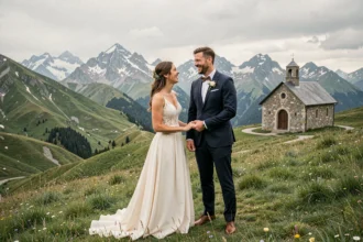 Couple de mariés dans les Pyrénées-Atlantiques avec montagnes en arrière-plan, illustrant les meilleurs photographes de mariage de la région