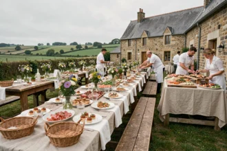 Vue panoramique d'une réception de mariage en plein air dans le Morbihan avec tables dressées, buffets de traiteur et décors floraux bretons