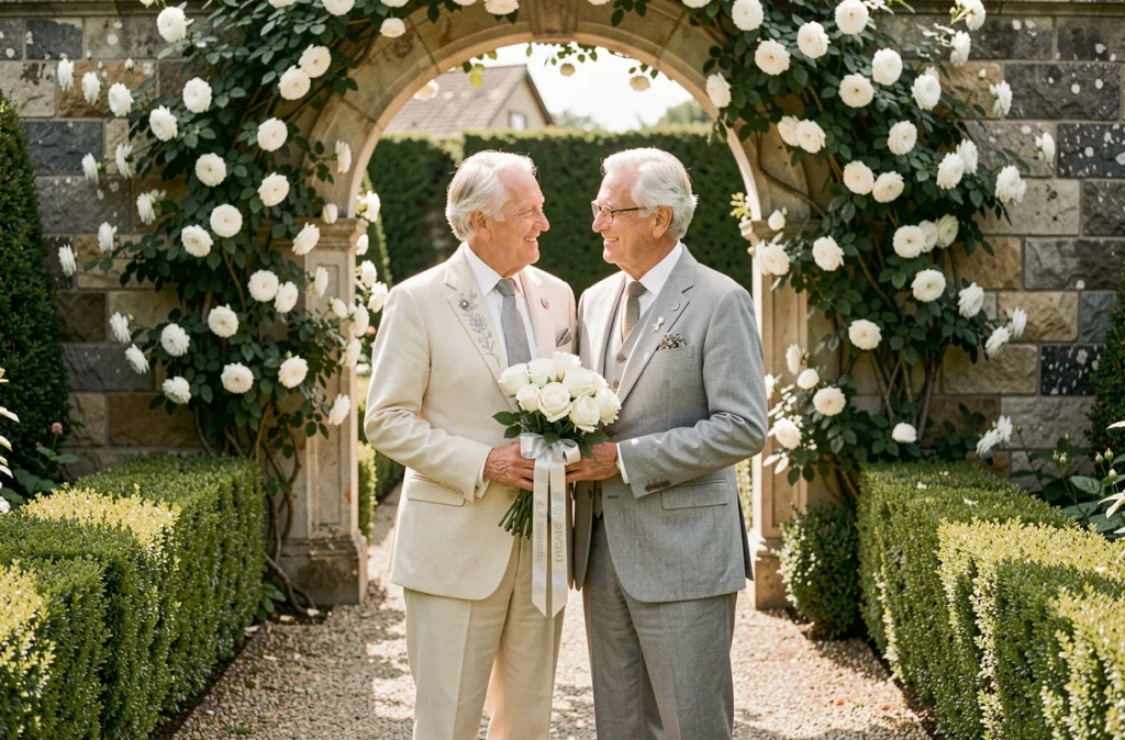 Couple de mariés octogénaires dans un jardin fleuri tenant un bouquet de roses blanches lors de la célébration de leurs 70 ans de mariage, noces de platine