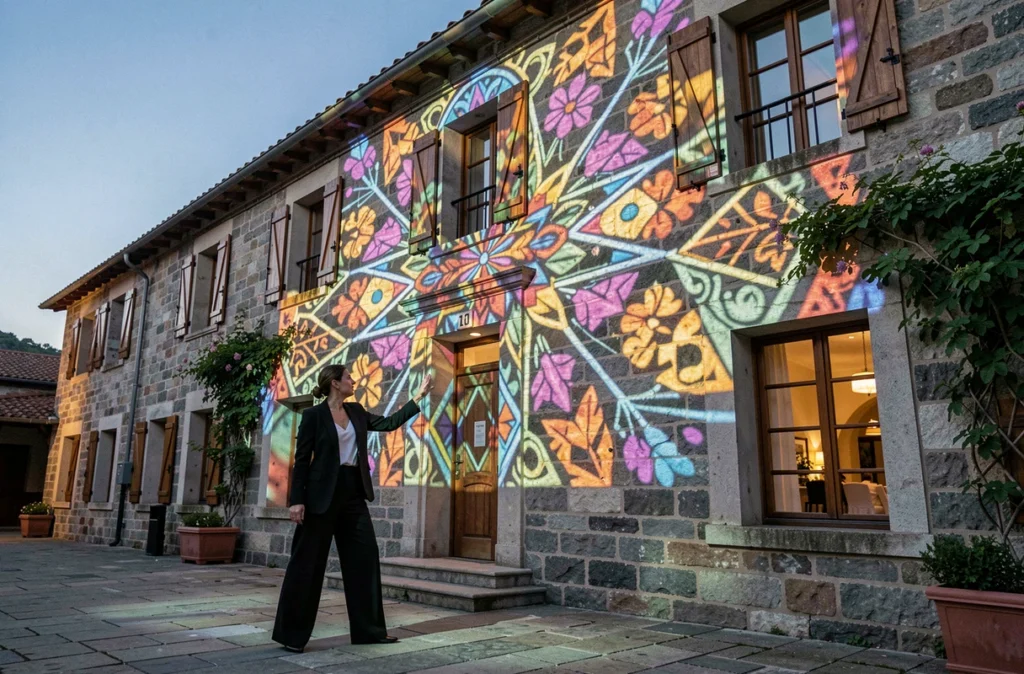 Artiste d'Ocelia Projection Mapping présentant une installation de vidéo-mapping sur une façade basque lors d'une réception de mariage