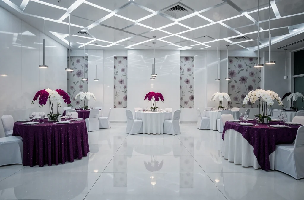 Salle de réception Orchidée avec décoration moderne, orchidées et tables rondes élégantes