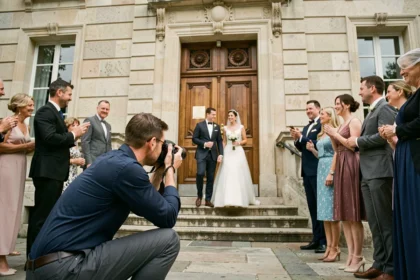 Photographe professionnel capturant une cérémonie de mariage civil devant une mairie en pierre