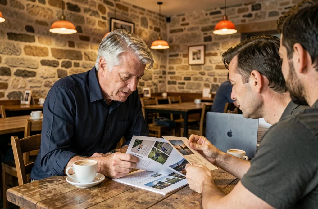 Photographe commercial discutant des tarifs avec un client dans un café d'Alençon autour d'un devis photo
