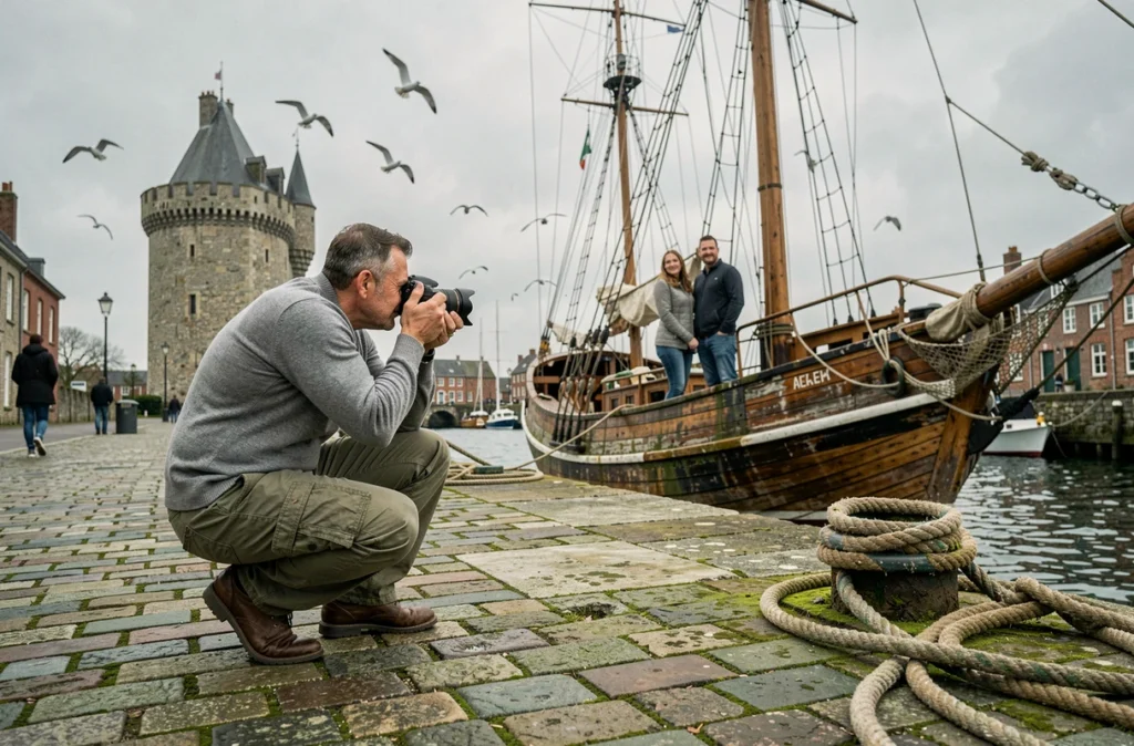 Photographe en action à Honfleur photographiant un couple près des bateaux avec la Lieutenance en arrière-plan