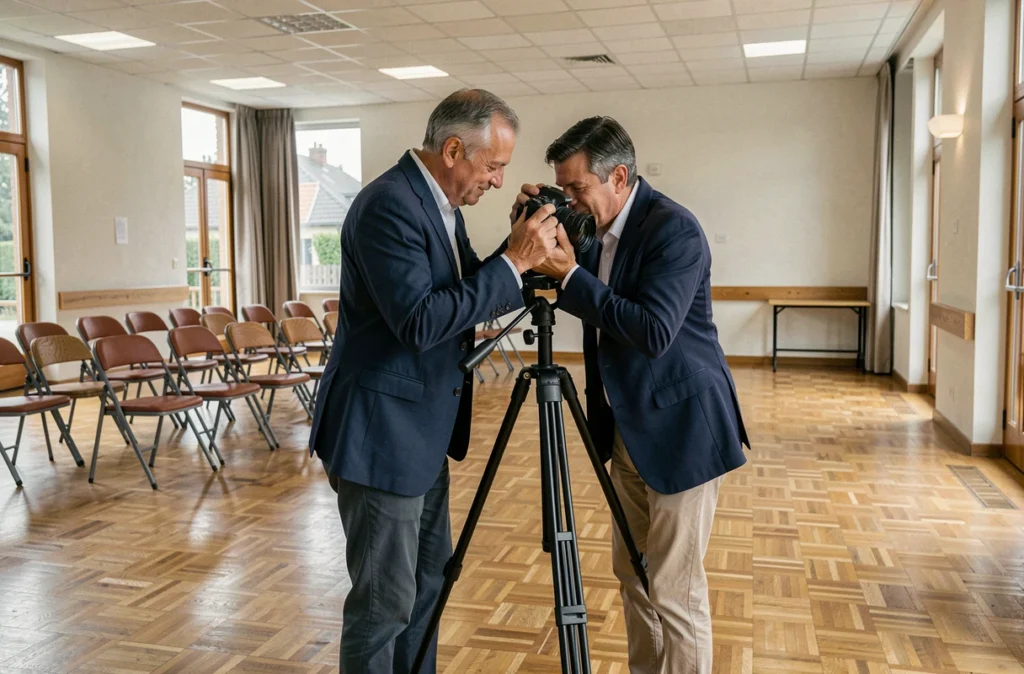 Photographe installant son équipement dans une salle municipale pour un événement à Athis-Mons