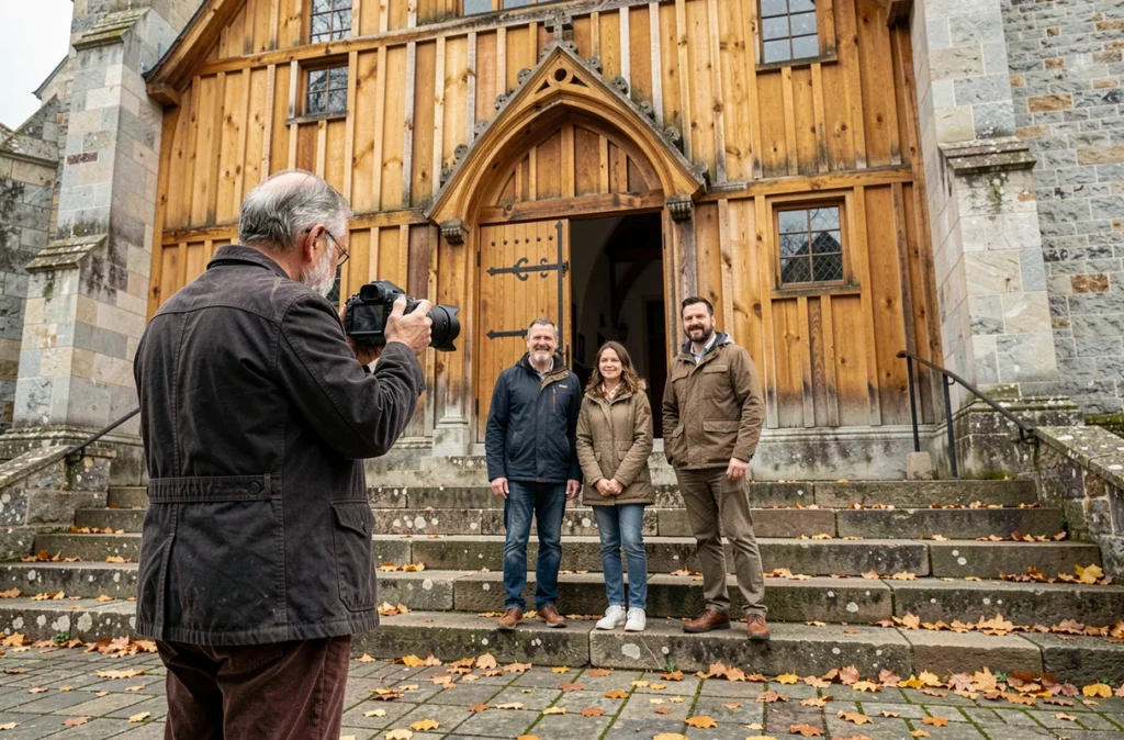 Photographe de famille capturant des portraits devant l'église Sainte-Catherine en bois de Honfleur en automne