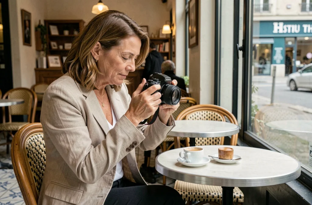 Photographe femme consultant ses photos sur un appareil reflex dans un café de Savigny-sur-Orge