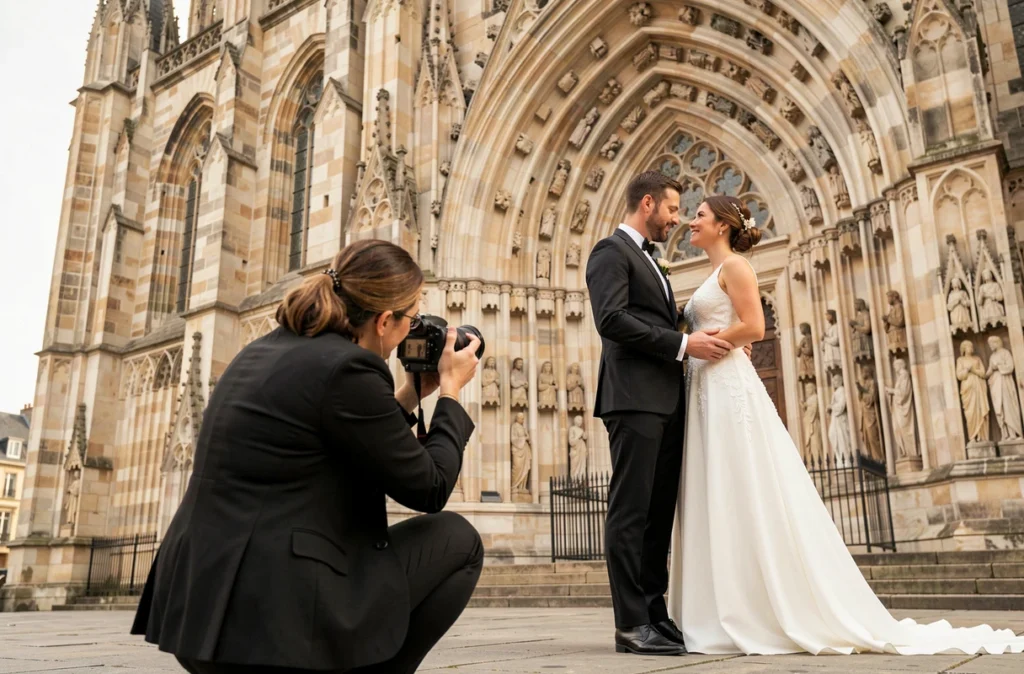 Photographe de mariage capturant un couple devant la cathédrale d'Alençon lors d'une séance photo