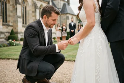 Photographe de mariage professionnel en action lors d'une cérémonie en plein air au Mans