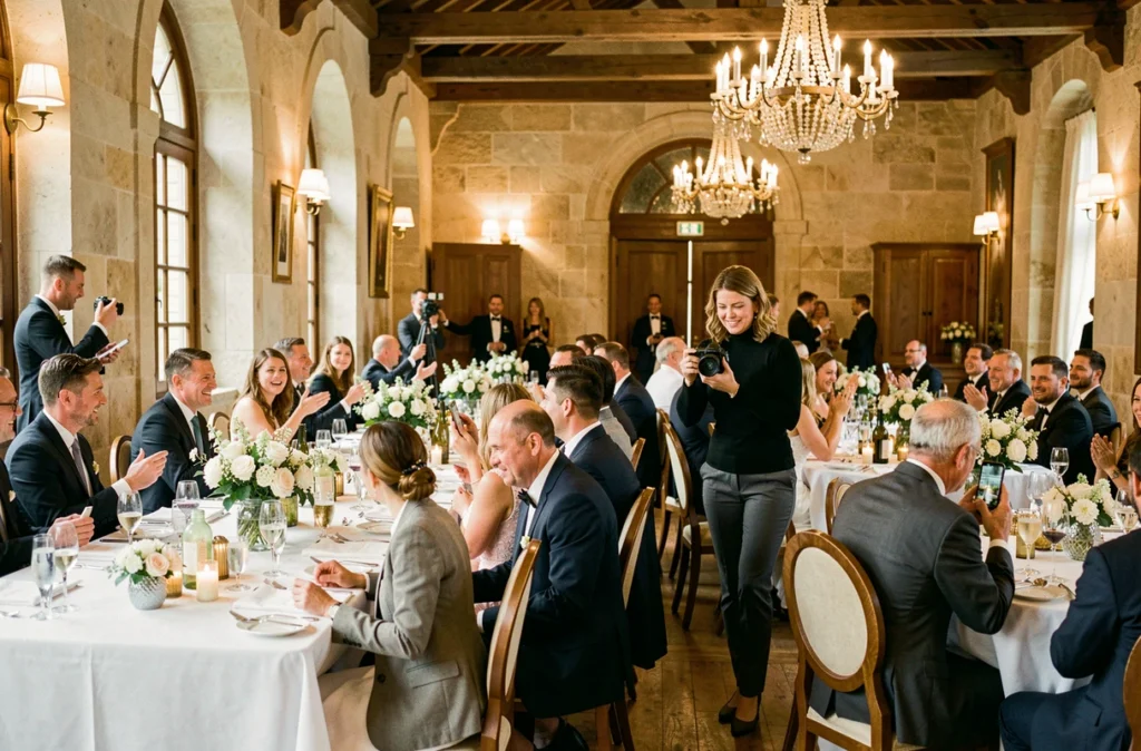Photographe de mariage en reportage discret lors d'une réception dans un domaine élégant au Mans