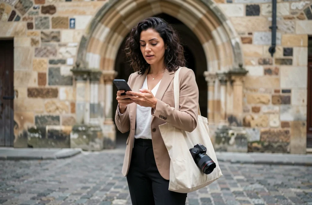 Photographe professionnelle discutant d'un devis par téléphone devant une façade historique de Périgueux en pierre