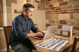 Photographe professionnel à Périgueux révisant ses tarifs sur un ordinateur portable dans un studio avec murs en pierre apparente
