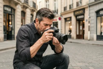 Photographe professionnel à Oyonnax en train de cadrer une photo dans la rue avec un appareil photo reflex