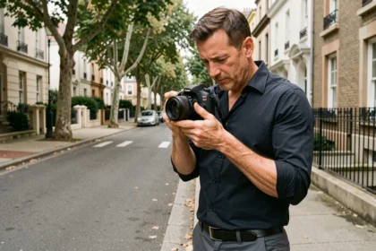 Photographe professionnel dans une rue résidentielle de Savigny-sur-Orge tenant un appareil photo reflex