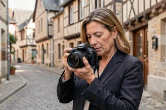 Photographe professionnelle tenant un appareil photo dans une rue d'Alençon avec des façades normandes en arrière-plan