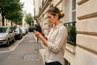 Photographe professionnelle consultant ses photos devant un immeuble à Athis-Mons