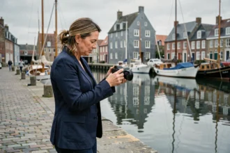Photographe professionnelle à Honfleur révisant ses clichés sur le quai du Vieux-Bassin avec les maisons normandes en arrière-plan