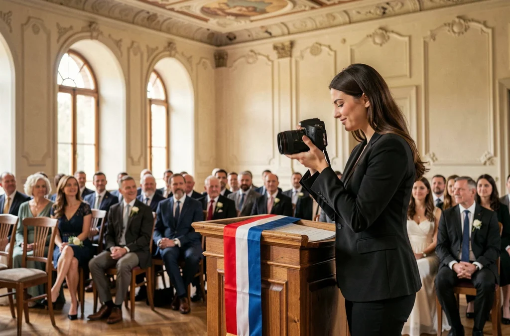 Photographe femme immortalisant l'échange des alliances lors d'une cérémonie civile en salle des mariages