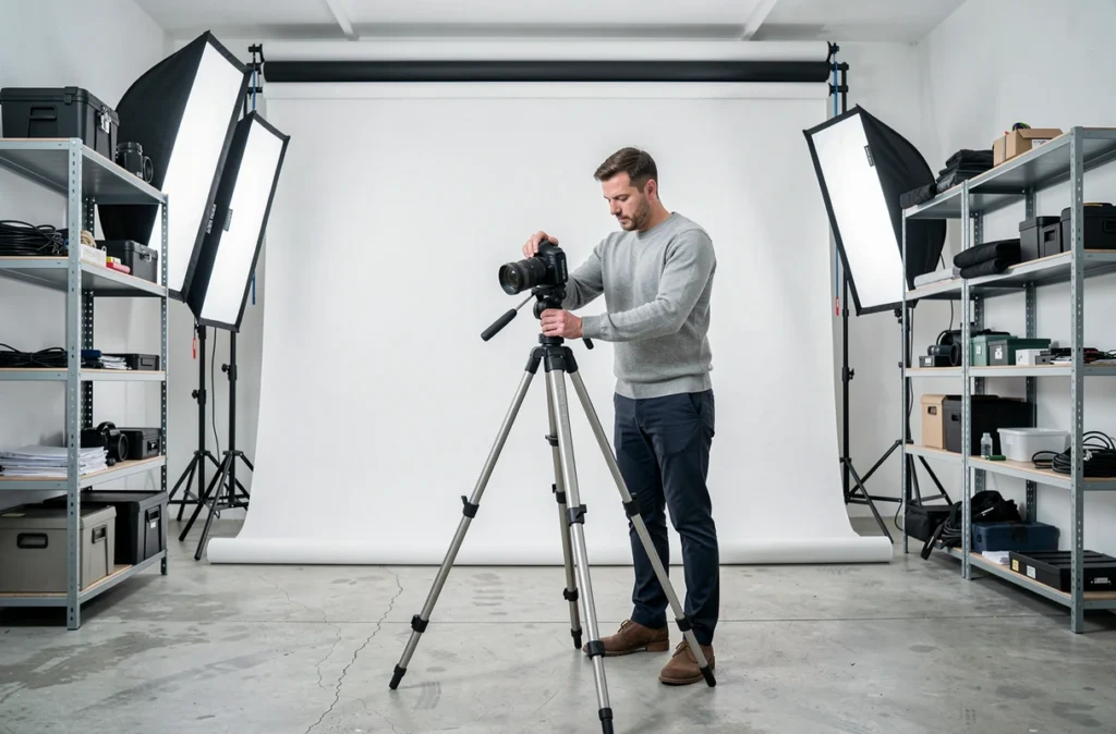 Photographe masculin installant un trépied dans un studio photo moderne à Alençon