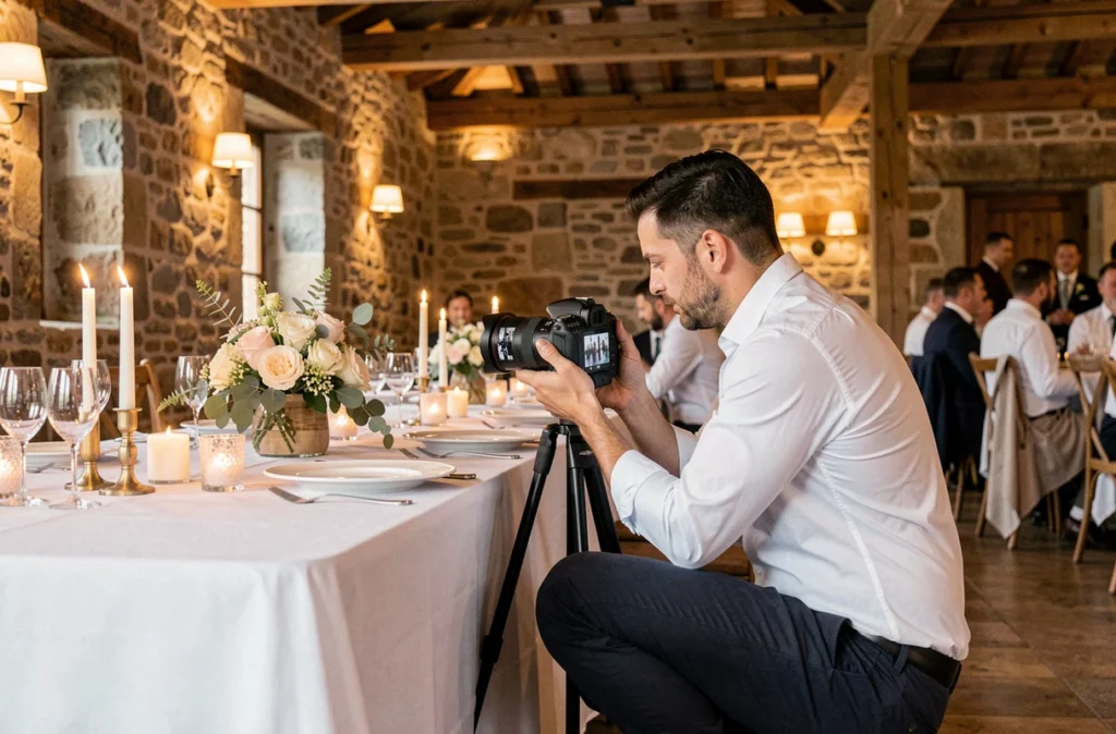 Photographe de mariage professionnel de Pixalis vérifiant ses clichés dans une salle de réception de style basque