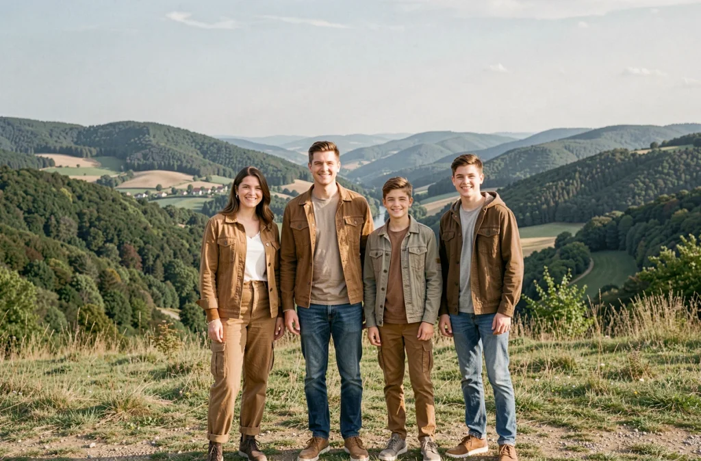 Portrait de famille souriante devant le paysage vallonné du Bugey autour d'Oyonnax lors d'une session photo