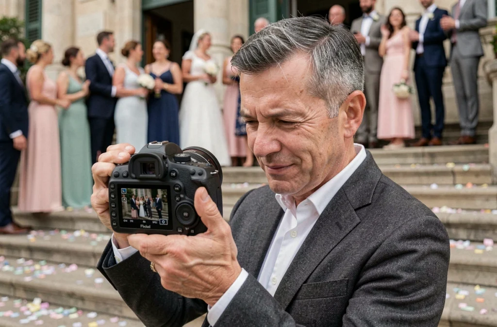 Portrait d'un photographe professionnel consultant ses photos après une cérémonie de mariage à la mairie