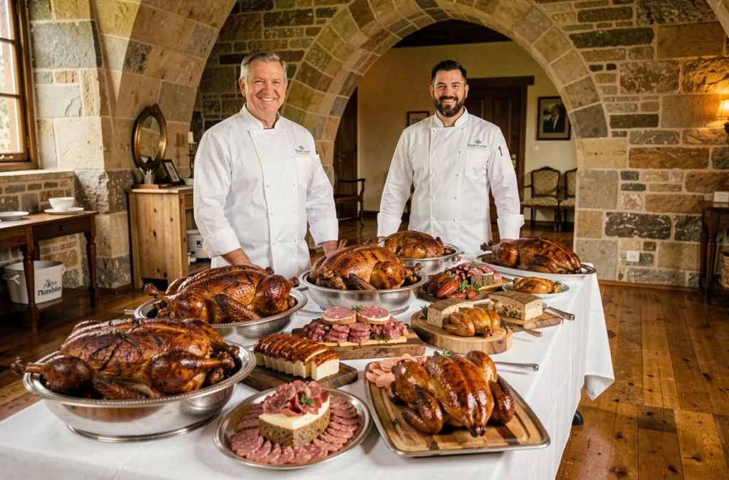 Poulain et Fils Traiteur : père et fils traiteurs devant un grand banquet de mariage dans une salle en pierre du Morbihan
