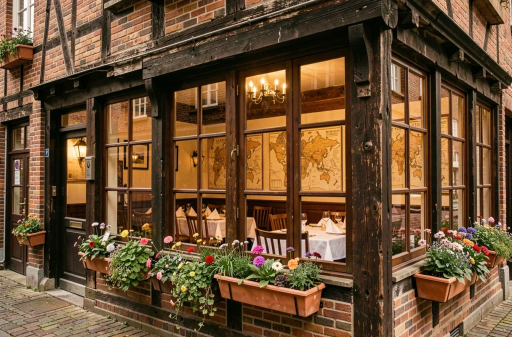 Restaurant La Kruys-Straete avec façade flamande en colombages et salle de banquet intérieure