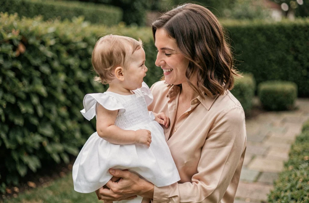 Maman tenant son bébé en robe de cérémonie blanche à smocks dans un jardin verdoyant
