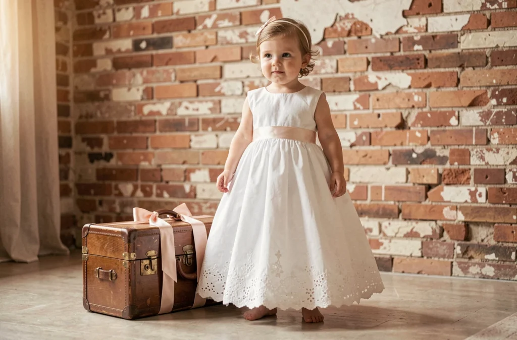 Bébé debout en robe blanche coton brodée avec valise vintage décorée de ruban en intérieur chaleureux