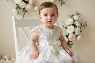 Bébé fille en robe de mariée blanche en dentelle assise sur une chaise en bois blanc avec décor floral