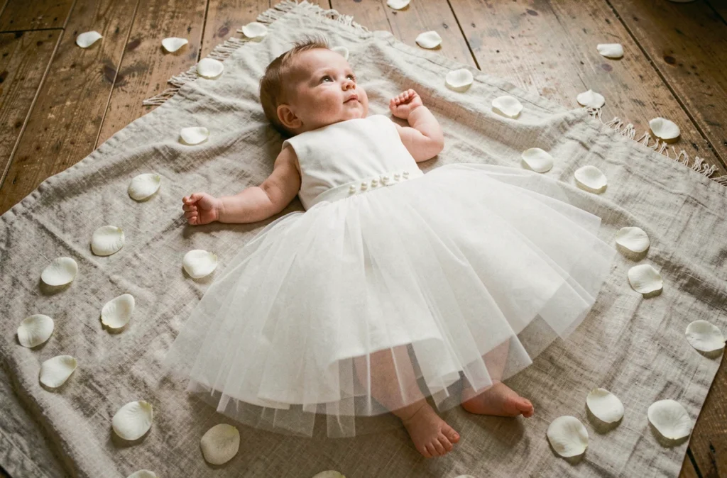 Bébé fille en robe tulle blanche posée sur un plaid en lin entourée de pétales de roses blanches