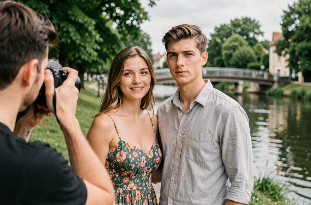 Séance photo de couple en extérieur dans un parc au bord de l'eau près d'Athis-Mons