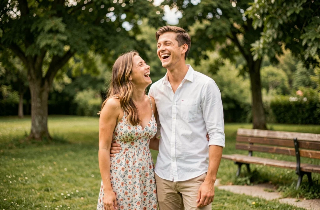 Couple souriant photographié dans un parc verdoyant près d'Oyonnax lors d'une séance photo professionnelle