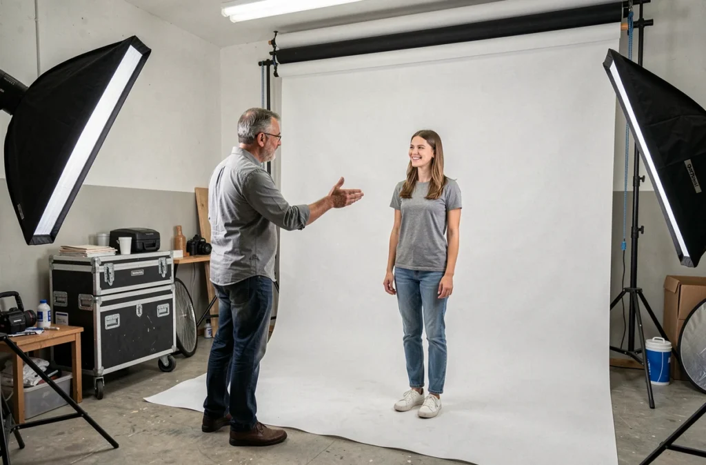 Séance photo en studio avec un photographe professionnel et une cliente à Savigny-sur-Orge