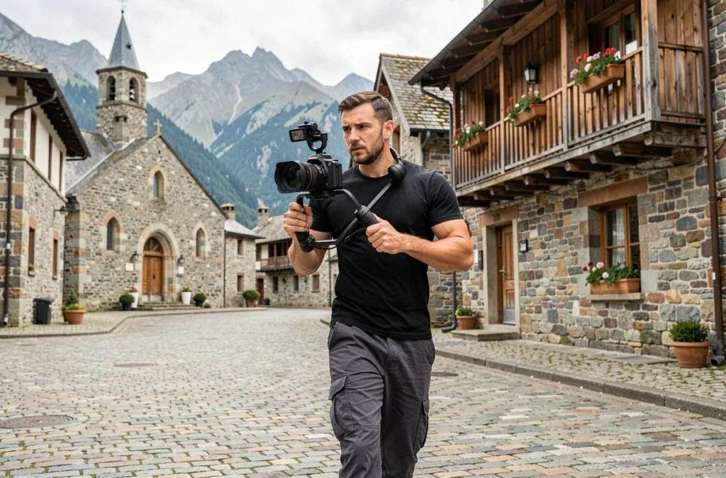 Opérateur Show Away Production filmant en steadicam lors d'une cérémonie de mariage dans un village pyrénéen
