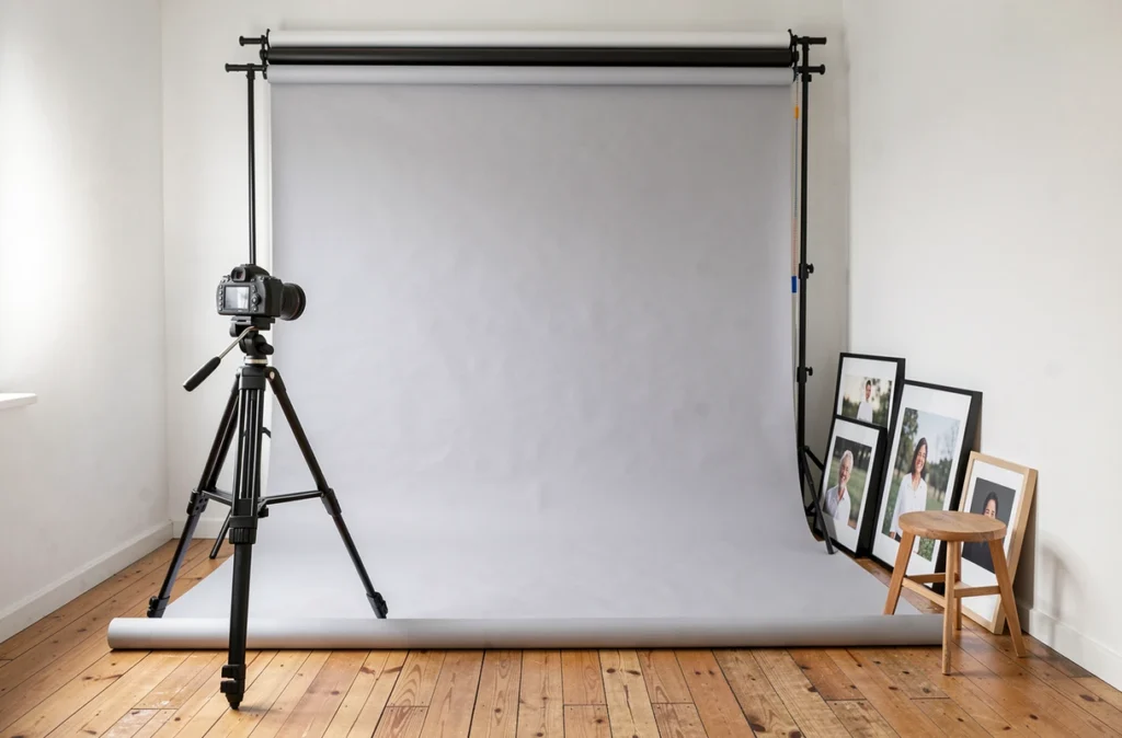 Studio de photographie professionnel à Oyonnax avec fond blanc, trépied et cadres de photos encadrées