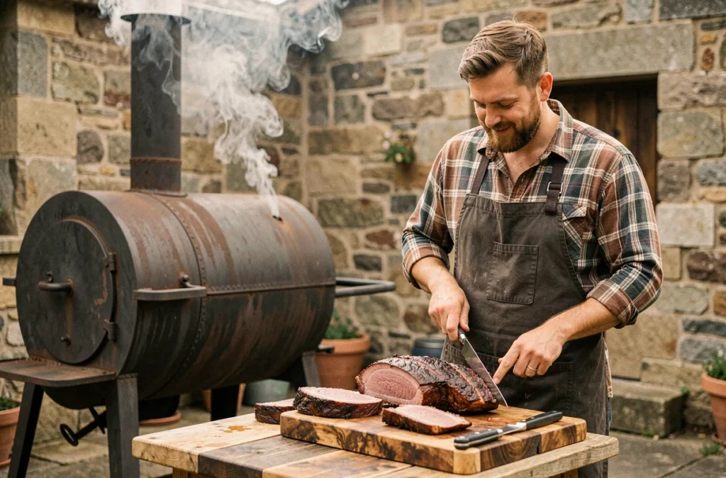 The Breizh Smoker : traiteur barbecue breton découpant une viande fumée lors d'un mariage en plein air sur une terrasse en pierre