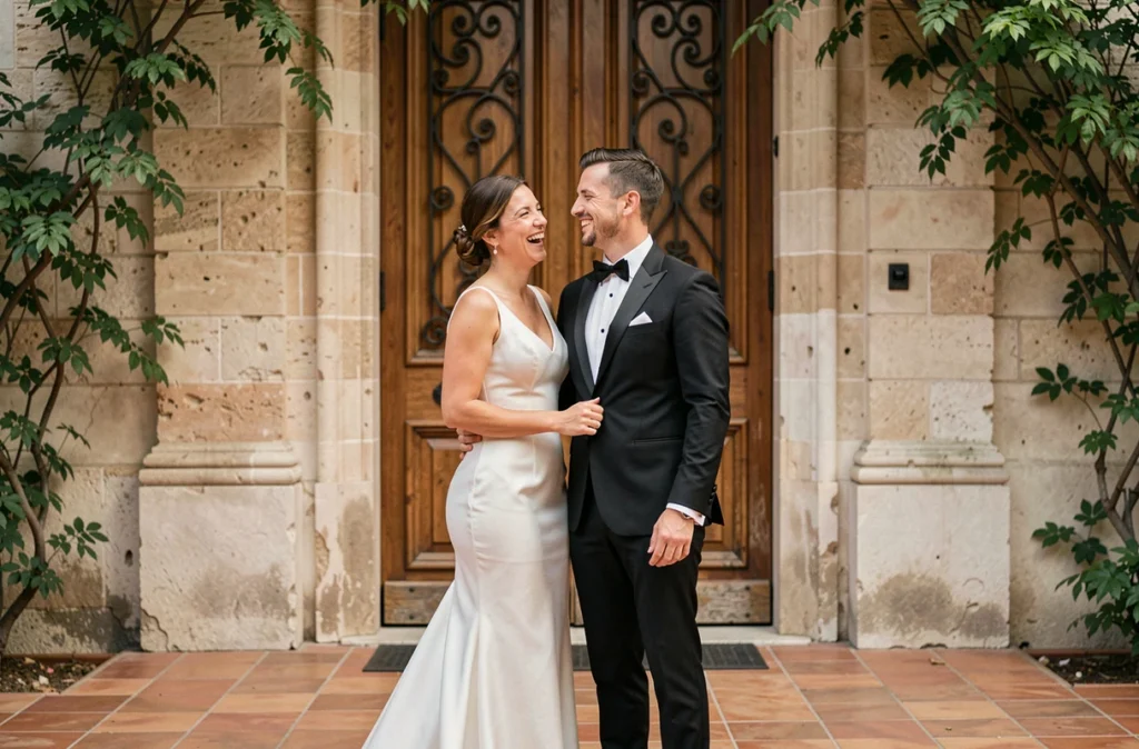 Couple de mariés devant l'entrée d'une salle de mariage historique à Marseille, façade en pierre calcaire et portes en bois orné