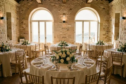 Salle de mariage élégante à Marseille avec vue sur la mer Méditerranée, tables rondes en lin ivoire et chaises dorées Chiavari
